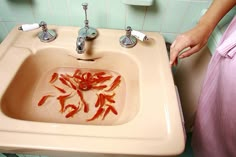 a person standing next to a sink filled with goldfish