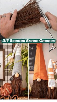 the instructions for how to make a diy scared broom gnomes with yarn