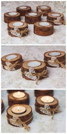 several different pictures of wood slices with candles in them and tied together to each other