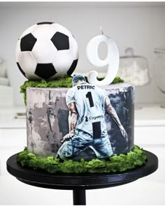 a birthday cake with a soccer theme on it