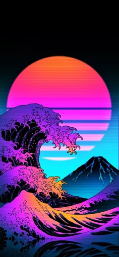 an image of the great wave at sunset