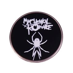 a black and white spider pin with the words my chemical zombie on it's back