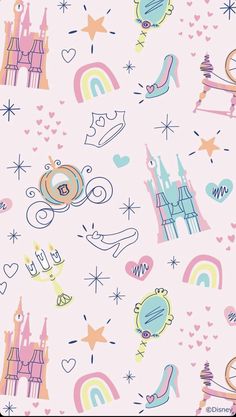 a pink background with princess castle and rainbows on the side, stars, and hearts