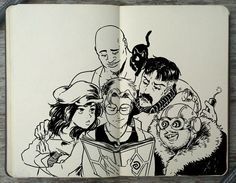 an open book with black and white drawing of people in front of the image on it