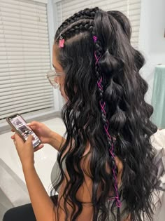 festival hair braids, festival braids with color extensions, festival braids, rave braids festival hair Festival Hair Braids, Casual Hairstyles For Long Hair, Rave Braids, Fest Outfits, Braids With Extensions