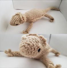 two crocheted stuffed animals sitting on top of a white couch next to each other