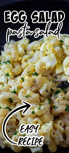 an egg salad is served in a black bowl with the words easy recipe below it