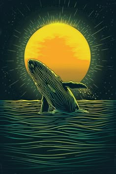 an image of a humpback whale in the ocean with sun shining behind it