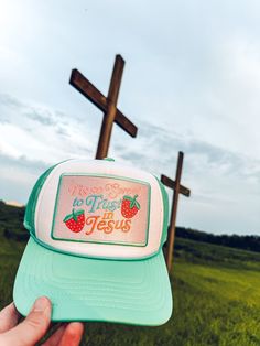 Tis so Sweet to Trust in Jesus Hat! Choose your hat color, we have many to choose from.  We do have both youth and adult size hats.   Hat Details: 100% Polyester foam front, mesh back Structured, five-panel, mid-profile 3 ½" crown Pre-curved visor with braid detailing Adjustable double snapback closure Cute Trucker Hat With Flat Brim, Cute Brimmed Trucker Hat, One Size Fits Most, Cute Brimmed Trucker Hat One Size Fits Most, Cute Brimmed Trucker Hat, Cute Baseball Cap For Outdoor, Cute Outdoor Baseball Cap, Cute Flat Brim Hat One Size, Cute Outdoor Trucker Hat, Cute White Hats For Outdoor