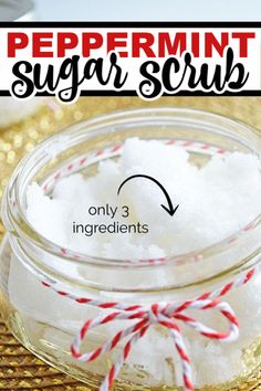 peppermin sugar scrub in a glass jar with red and white twine