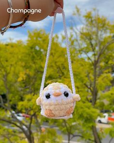 a hand holding a small stuffed animal hanging from a string