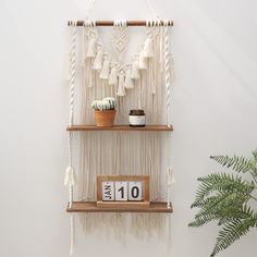 a macrame wall hanging with two shelves and a potted plant