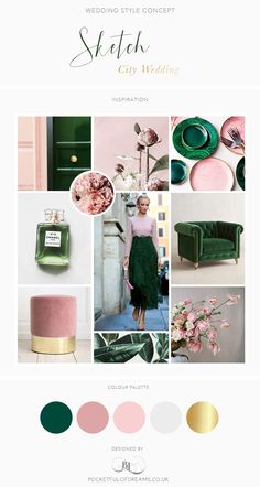 a collage of green, pink and gold items including a chair, vases with flowers, candles, perfume bottles