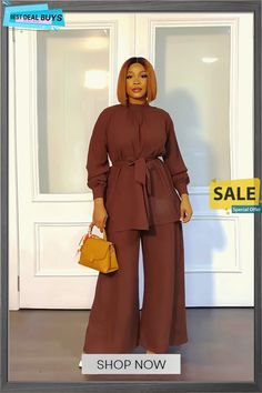 Long-sleeved Slim Waist Tunic Top and Loose Fit Flared Wide-leg Pants Two-piece Set Solid Long Sleeve Pant Set For Workwear, Chic Two-piece Long Sleeve Pantsuit, Chic Long Sleeve Two-piece Pantsuit, Chic Two-piece Long Sleeve Pant Set, Casual Two-piece Long Sleeve Pantsuit, Long Sleeve Pant Set For Work, Long Sleeve Pant Set For Workwear In Fall, Fall Workwear Pant Set With Long Sleeves, Chic Brown Long Sleeve Jumpsuit And Romper