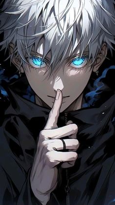 an anime character with white hair and blue eyes pointing his finger at the camera while wearing black