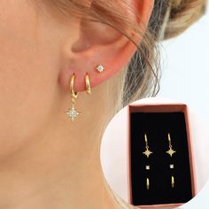 More Style at https://www.etsy.com/ca/shop/HoneywoodJewelry  SOLD IN PAIRS  ▶ DETAILS ◀ Purchasing Options (SOLD IN PAIRS): A: Star Hoops (9 mm inner diameter) B: Plain Hoops (8 mm inner diameter) C: 2.5 mm CZ Stud (butterfly backings * 20G) Gold Finish: 18K gold-plated 925 sterling silver Silver Finish: Rhodium-plated 925 sterling silver Hypoallergenic, nickel-free, and suitable for everyday wear ▶ SHIPPING ◀ All orders will be shipped out the following business day after the order has been rec Celestial Earring Stack, Earring Stacks 3 Holes, 3 Earring Stack, Earring Stack Silver, Three Lobe Piercings, Ear Piercing Silver, Earring Stack Ideas, Double Piercing Earrings, Three Ear Piercings