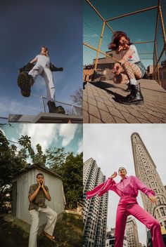 four different shots of people posing for pictures in the same photo, one is wearing pink pants