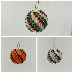 four different types of beaded ornaments hanging from strings