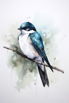 a blue and white bird sitting on top of a branch with watercolor paint splotches