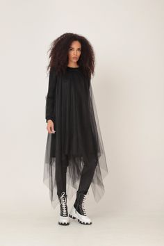 Black Sheer Dress, Black Tulle Dress, Plus Size Tulle Dress OVERSIZED MIDI DRESS IN ASYMMETRIC RICH TULLE NET LAYERS GARMENT FEATURES: * A truly stunning design with a WOW-effect when moving * Asymmetric rich tulle layers of soft net * Fully lined with soft cotton jersey * Ribbed classic crew neckline * Long jersey sleeves in a sweatshirt pattern, covered in tulle * Light weighted and comfy to wear * Part of our ADEPTT PREMIUM edit SIZING & FITTING: Model is 172cm tall and wears size S. This Black Tulle Dress For Party, Black Tulle Dress For Evening, Black Tulle Dress For Spring, Black Fitted Tulle Midi Dress, Fitted Black Tulle Midi Dress, Black Party Dresses With Tulle Skirt, Sheer Tulle Evening Dress With Long Sleeves, Evening Dress With Mesh Sleeves, Long Sleeve Tulle Dress For Cocktail