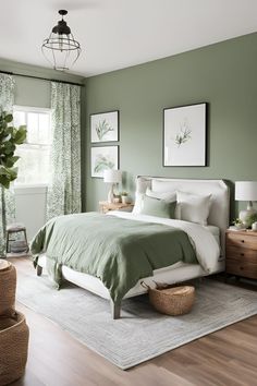 a bedroom with green walls and white bedding in the center, along with wooden flooring