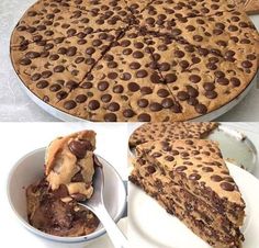 there is a pie with chocolate chips on it and the cake has been cut in half