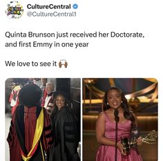 two women in graduation gowns and one is holding an award for her work on culture central