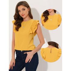 This shirt is made up of several design points: cap sleeve, layer ruffled sleeve, round neck, solid, basic tee, and cute summer tops. Layer-ruffled sleeves provide a sense of design to simple clothes. It is suitable for summer and many occasions, such as office, work, business, casual, and date, or it can be paired with sandals and wide-leg pants for many occasions. Trendy Ruffle Sleeve Tops For Summer, Solid Color T-shirt With Ruffle Sleeves For Spring, Summer Ruffle Sleeve Tops In Solid Colors, Summer Tops With Ruffle Sleeves In Solid Color, Summer Solid Color Tops With Ruffle Sleeves, Trendy Summer Short Sleeve Top With Ruffles, Casual Ruffle Sleeve T-shirt For Summer, Casual Summer T-shirt With Ruffle Sleeves, Solid Color Flutter Sleeve Tops For Summer