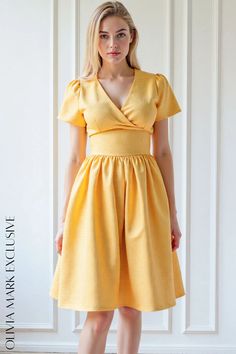 Olivia Mark - Elegant Sunshine: Vibrant Yellow Polka Dot Wrap Midi Dress Yellow Midi Dress, Yellow Polka Dot, Wrap Midi Dress, Daily Dress, Free Spirited, Full Skirt, Olivia Mark, Puff Sleeves, Elastic Band