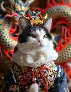 a black and white cat wearing a chinese costume