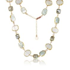 Inspired by one of the world most renowned lakes. A section necklace of bezel set milky moonstone stones, labradorite and aquamarine stones. Organically sliced and and formatted into a a necklace in 14k gold-filled. Length 16-18" adjustable Handcrafted in Mabel's San Francisco atelier. Moonstone Stone, Aquamarine Stone, Lake Como, Gorgeous Necklaces, Jump Rings, Bezel Setting, Aquamarine, Moonstone, Labradorite