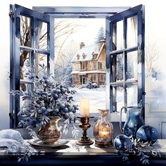 a painting of a winter scene with candles and vases in front of an open window