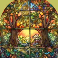 a stained glass window with trees and birds in the center, surrounded by leaves and flowers