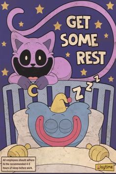 a cartoon cat laying in bed with the caption get some rest