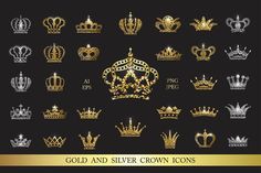 gold and silver crown icons on a black background