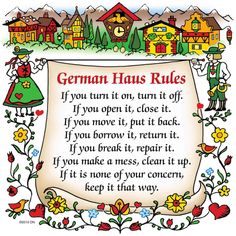 an old german rules poster with flowers and houses in the background