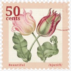 a stamp with two flowers on it and leaves in the middle, which reads 50 cents beautiful