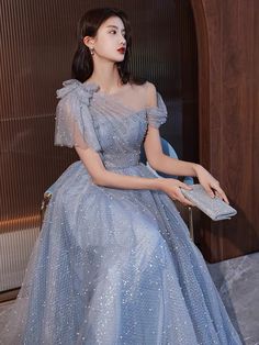 P3693 Blue evening dress, new style, temperament, socialite, Tulle Shoulder Dress, Ball Gowns Blue, Blue Shiny Dress, Shiny Ball Gown, Aesthetic Prom Dress, Blue Gown Dress, Powder Blue Dress, Blue Evening Dress