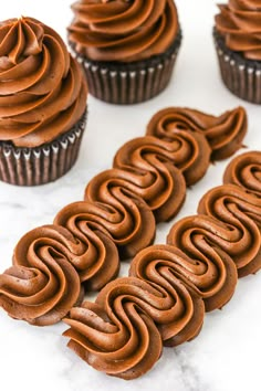 chocolate buttercream frosting on top of cupcakes with text overlay