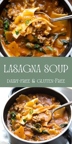 lasagna soup in a bowl with a spoon and the title above it reads, lasagna soup dairy - free & gluten - free