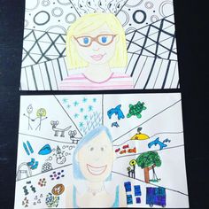 two paper pictures with children's drawings on them, one is blonde and the other is blue