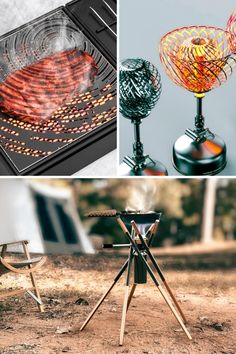 three different pictures with various types of lamps on stands and in the middle one is a table, while the other two are empty