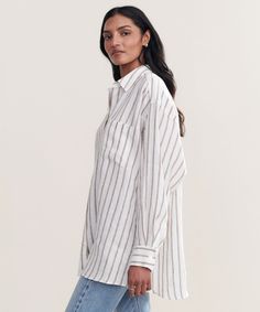 Linen Relaxed Oversized Shirt Taupe StripeThe summertime version of our favorite button-up—the Linen Relaxed Oversized Shirt is designed beach days, date nights, and everything in between. 100% linen. Made in TurkeyOversized button-up shirt with a generous fit to provide a relaxed look and feel. Relaxed Collared Shirt For Daywear, Linen Button-up Shirt For Daywear, Effortless Spread Collar Top For Summer, Neutral Shirt For Spring Daywear, Spring Neutral Shirt For Daywear, Neutral Summer Shirt For Everyday, Neutral Everyday Summer Shirt, Summer Linen Shirt In Neutral Color, Neutral Linen Summer Shirt