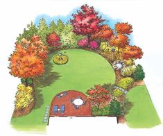 an artist's rendering of a house in the middle of a park with trees and lawn furniture