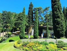 the house is surrounded by many trees and bushes in front of it, with people standing outside