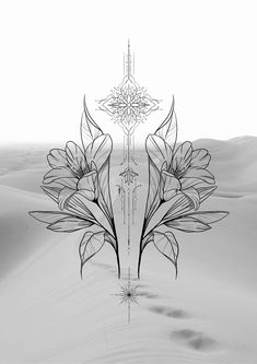 a black and white drawing of flowers in the desert with an abstract design on it