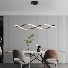 a dining room table with chairs and a chandelier hanging from it's ceiling