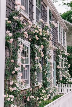 an old house with roses growing on it