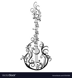 an acoustic guitar with floral ornament on the neck and fret, black and white