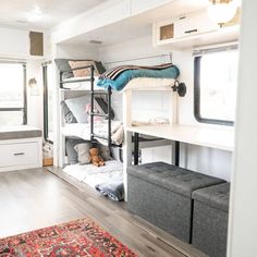 the interior of a camper with bunk beds